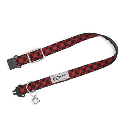 THE WORTHY DOG Patterned Bias Buffalo Plaid Cat Collar with Bell, Adjustable Nylon Safety Collar, Red/Black, One Size - color: Red/Black-Bias Buffalo Plaid