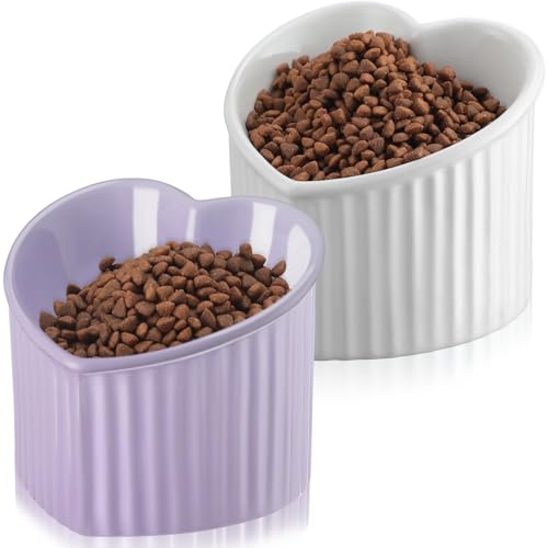 Mumufy 2 Pcs Ceramic Elevated Cat Bowls Tilted Elevated Raised Pet Bowls Anti Vomit Cat Dish for Indoor Stress Free Water Dish Feeder for Puppies, Heart Shaped(White, Purple) - color: White, Purple