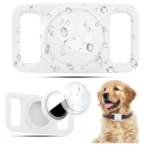 Linsaner Waterproof Dog Collar Holder for AirTag 1st & 2nd Gen, No Dangle Silicone Case for Apple for Air Tag, Full Cover Paw Print GPS Tracker Protective Accessories for Pet Puppy Cat, White - color: A6-White