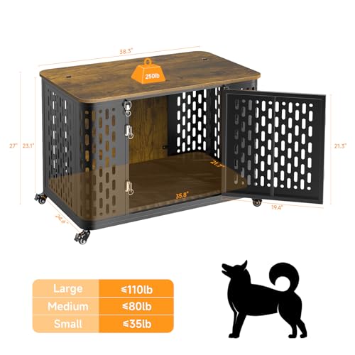 ONBRILL Dog Crate with Cushion, 38" Wood Heavy Duty Dog Crate Furniture with Flip Top & Wheels for High Anxiety Dog, Escape Proof Pet Cage for Small/Medium Dogs - size: 38.2"L x 27.2"W x 24.4"H