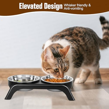 Elevated Cat Bowls - Anti-Vomiting Raised Food Bowl Set With 2 Stainless Steel Bowls, Prevents Neck Pain, ABS Anti-Slip Stand for Indoor Cats & Puppies (Black) - color: Black