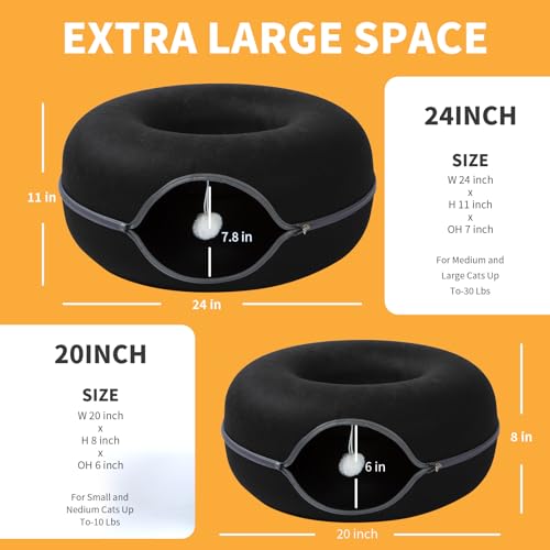 Peekaboo Cat Tunnel for Large Cats up to 30 lbs, Features A Jingle Ball, Removable and Washable Tunnel Bed, and a Cozy Donut Tunnel (Black, 24 Inches) - color: Black