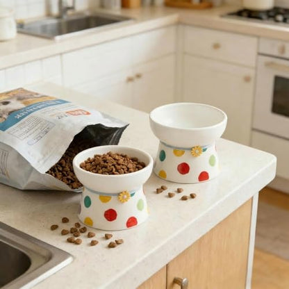 Elevated Ceramic Cat Bowls, 15°Raised Cat Food Bowl,Whisker Friendly Anti Vomiting Cats Dishes,Anti Vomiting&Protect Pet's Spine,Feeder Dish for Indoor Kitty and Small Dogs (Polka dot Tall cat Bowl) - color: Polka dot tall cat bowl