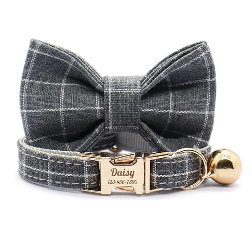 Personalized Plaid Cat Collar with Bell - Non-Breakaway Custom Polyester Kitten Collar with Engraved Name & Phone Number (Pattern 05, S (6.5-10.5 Inches)) - color: Pattern 05, size: S (6.5-10.5 Inches)