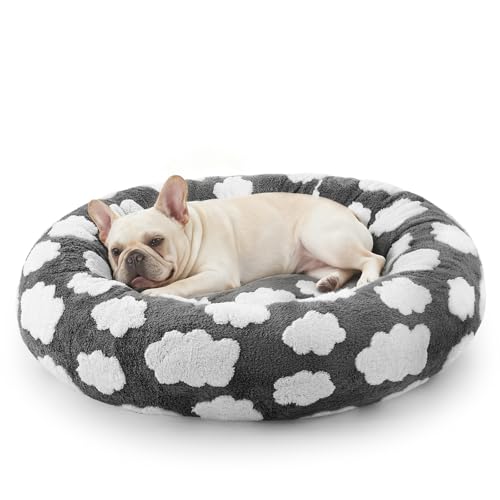 JOEJOY Donut Small Dog Bed, Round Cat Beds for Indoor Cats with Removable Washable Cover, Orthopedic Cute Puppy Kitten Pet Bed with Jacquard Shaggy Plush & Non Skid Bottom, Black - color: Grey, size: S (23x23x8)