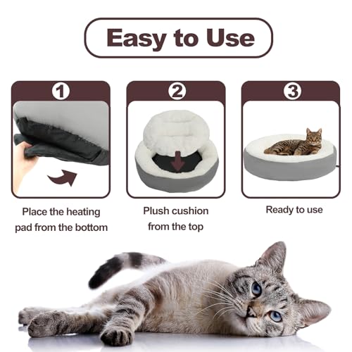 Rypet Heated Cat Bed Indoor, Soft & Cozy Donut Heated Pet Bed with Timer and Timer, Adjustable Temperature Heated Dog Beds for Small Dogs and Senior Cats with Chew Resistant Cord