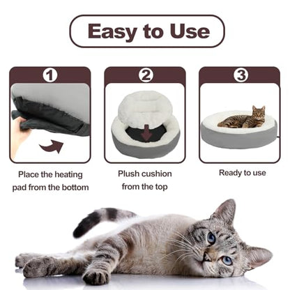 Rypet Heated Cat Bed Indoor, Soft & Cozy Donut Heated Pet Bed with Timer and Timer, Adjustable Temperature Heated Dog Beds for Small Dogs and Senior Cats with Chew Resistant Cord