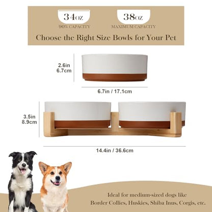 MALACASA Ceramic Dog Bowls Set with Wood Stand, 3.5 Cups Pet Bowls for Medium Dogs with Non-Slip Base, Large Puppies, Cats, Retrievers, ect.Pet Food & Water Basic Bowls Set, Weighted Glaze Matte.34 OZ - color: Vanilla White（2 PCS with Stand）, size: M-3.5