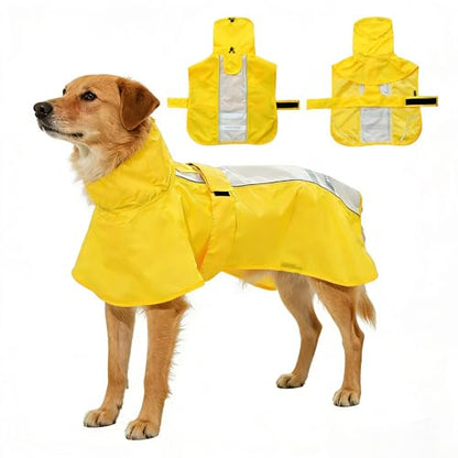 Adjustable Dog Raincoat, Waterproof Dog Rain Jacket for Small Medium Large Dogs,Reflective Lightweight Pet Rain Coat with Leash Hole (Yellow&White, Large) - color: Yellow&White, size: Large(22-37lb)