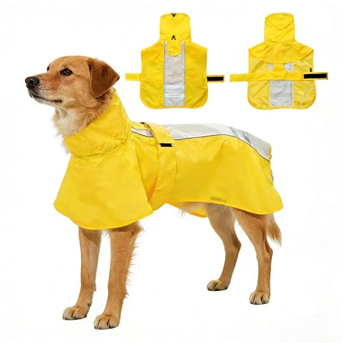 Adjustable Dog Raincoat, Waterproof Dog Rain Jacket for Small Medium Large Dogs,Reflective Lightweight Pet Rain Coat with Leash Hole(Yellow&White, Medium) - color: Yellow&White, size: Medium(13-22lb)