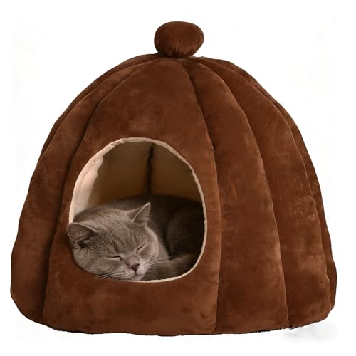 Cat Bed for Indoor Cats - Adorable Cozy Cat Cave with Removable Cushion, Super Soft Pet House Tent for Kittens & Small Pets, Warm & Washable Non-Slip Design(M 17.7 inch Brown) - style: Brown