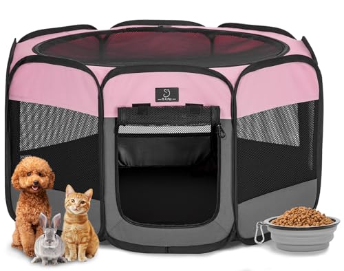 Dog Playpen for Small Dogs & Puppies, 29.92" Portable Indoor Outdoor Puppy Playpen with Bowl, Waterproof Floor, Foldable Pop-Up Pet Pen for Home, Travel & Daily Use, Pink+Grey - color: Pink+Grey, size: S(29.92"x29.92"x16.5")
