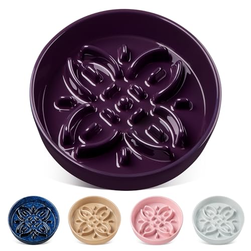 vancasso Ceramic Slow Feeder Dog Bowls, Puzzle Dog Food Bowls with Floral Maze, Anti -Slip Pet Food Dish for Medium Breed, 1.5 Cups, Purple - color: Purple, size: M-1.5 Cups