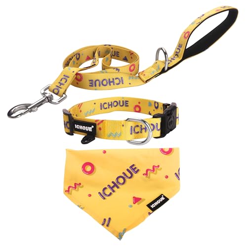 iChoue Original Print French Bulldog Collar with Leash Bandana Set Adjustable for Frenchie Pug English Boston Terrier Dogs, Yellow, Small - color: Collar with Leash Bandana Yellow, size: Small ( 5 - 25 lbs )