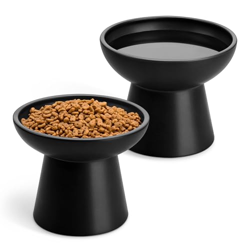 vancasso Ceramic Elevated Cat Bowls 2-Pack - 6.2" Extra Wide Raised Cat Food & Water Dishes, 5.1" Optimal Height Anti-Whisker Fatigue Shallow Bowls for Cats/Kittens/Dogs, Lead & Cadmium Free (Black) - color: Black
