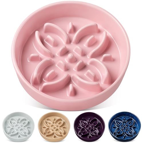 vancasso Ceramic Slow Feeder Dog Bowls, Puzzle Dog Food Bowls with Floral Maze, Anti -Slip Pet Food Dish for Large Breed, 3 Cups, Pink - color: Pink, size: L-3 Cups