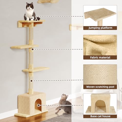 Cat Wall Shelves with Cat Tree, 26-in-1 Wall Mounted Pet Furniture with 40''L Tunnel, Scratching Posts, House, Step and Floating Bridge, Cat Climbing Wall Systems with 63'' Cats Tower, Beige - color: Beige, size: 26-in-1
