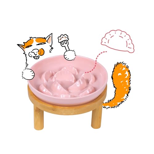 Slow Feeder Bowl, 6.3″ Elevated Cat Bowl with Stand, Melamine Wide Shallow Food Bowl, Whisker-Friendly Raised Plate, Wet Food Feeder for Slow Eating (Pink) - color: Pink, size: 1 Pack with Stand - 6.3''W x 1.5''H