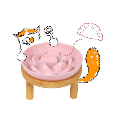 Slow Feeder Bowl, 6.3″ Elevated Cat Bowl with Stand, Melamine Wide Shallow Food Bowl, Whisker-Friendly Raised Plate, Wet Food Feeder for Slow Eating (Pink) - color: Pink, size: 1 Pack with Stand - 6.3''W x 1.5''H