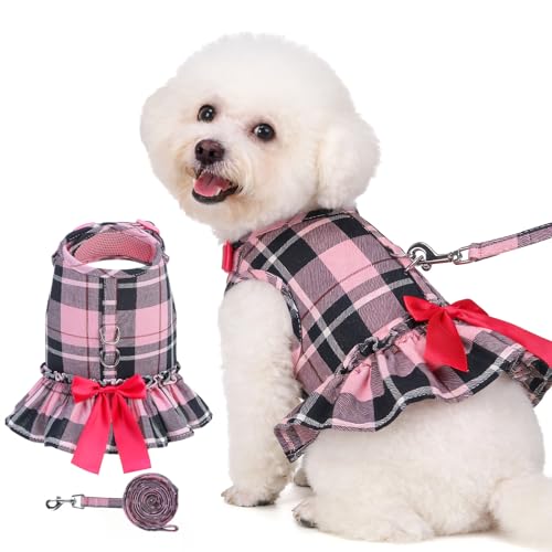 EXPAWLORER Dog Harness Small Medium Sized Dogs, Plaid Dog Dress Bowknot Harness and Leash Set, No Choke No Pull Soft Mesh Vest Cute Princess Puppy Outfits Clothes Costume for Girls Party Cats Pink S - color: Plaid Pink, size: Small(Chest Girth 12" - 14.5"