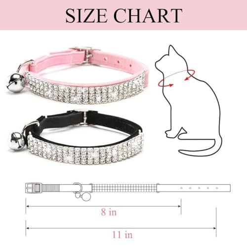 BINGPET 2 Pack Diamond Cat Collar with Bell, Adjustable Soft Velvet Bling Rhinestone Cat Collar, Sparkly Kitten Collar with Metal Buckle and Safety Elastic for Small Medium Cats, Pink & Black - color: Pink & Black(Rhinestones), size: Neck Girth 8"-10"