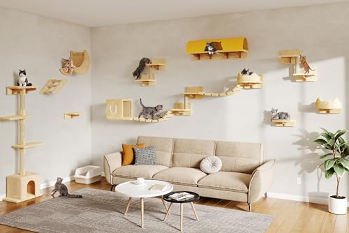 Cat Wall Shelves with Cat Tree, 26-in-1 Wall Mounted Pet Furniture with 40''L Tunnel, Scratching Posts, House, Step and Floating Bridge, Cat Climbing Wall Systems with 63'' Cats Tower, Beige - color: Beige, size: 26-in-1