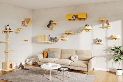 Cat Wall Shelves with Cat Tree, 26-in-1 Wall Mounted Pet Furniture with 40''L Tunnel, Scratching Posts, House, Step and Floating Bridge, Cat Climbing Wall Systems with 63'' Cats Tower, Beige - color: Beige, size: 26-in-1