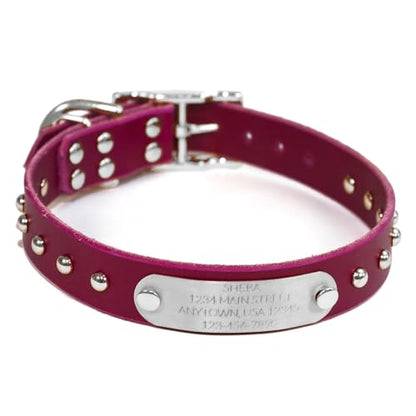 Handmade Studded Bridle Leather Dog Collar, Silver Tone Hardware and Stainless Steel Nameplate (Magenta) - color: Magenta