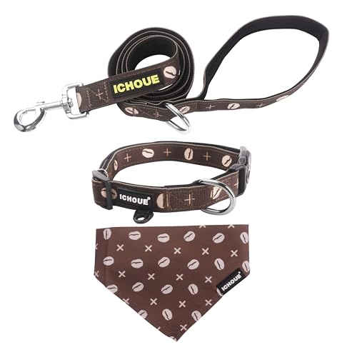 iChoue Original Print French Bulldog Collar with Leash Bandana Set Padded Adjustable for Frenchie Pug English Boston Terrier Dogs, Coffee Bean, Small - color: Collar with Leash Bandana Coffee Bean, size: Small ( 5 - 25 lbs )