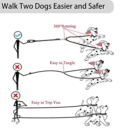 Double Dog Leash - Dual 360 No Tangle Two Dogs Leash for Small to Large Dogs - Adjustable, Tangle Free (Black) - color: Black