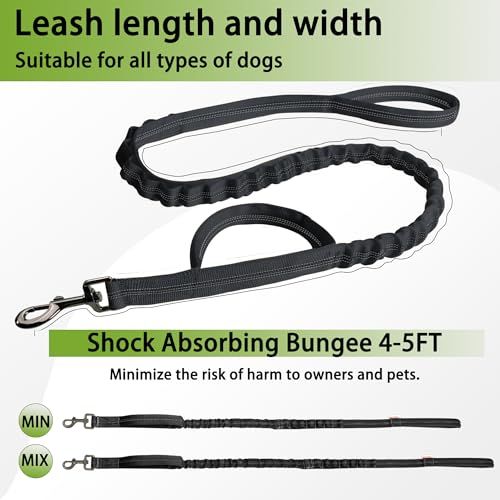 FOVRLZSE Reflective Bungee Dog Leash(Black) - 4FT to 5FT Adjustable Shock Absorbing Leash with Double Padded Handle & 360° No Tangle Metal Clasp for Small Medium Large Dogs - color: Black