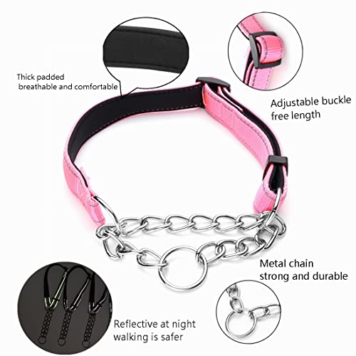 Martingale Dog Collars Adjustable Soft Nylon Reflective Collars with Stainless Steel Chain Walking Training Collars Heavy-Duty Puppy Chain Collars for Small,Medium,Large Dogs(Pink,L) - color: Pink, size: L-(dog's neck19-23inches)