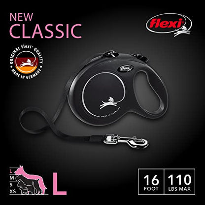 FLEXI New Classic Tape Retractable Dog Leash for Large Dogs Upto 110 lbs. – 16 ft., Black | Tangle Free Pet Walking Leash with One-Handed Brake, Pause, Lock|German Quality Product - color: Black, size: Large - 16 Feet (Tape)