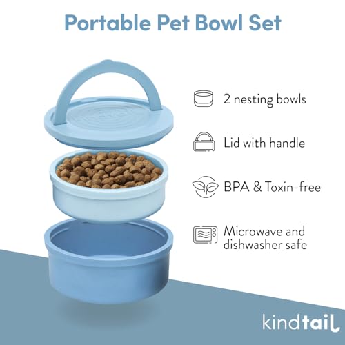 KindTail Pet Bowl Set + Silicone Pet Food Mat - Includes 2 Portable Dog Bowls with Lid & Handle + 1 Waterproof Pet Feeding Mat - Made from Food-Grade, Dishwasher-Safe Materials - BPA & Toxin-Free