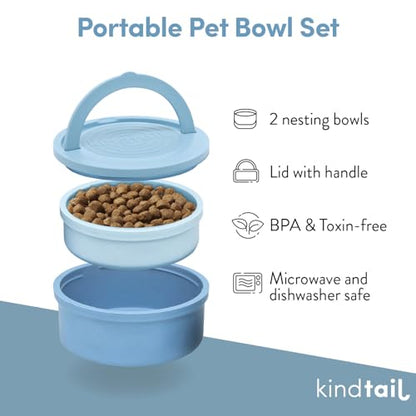 KindTail Pet Bowl Set + Silicone Pet Food Mat - Includes 2 Portable Dog Bowls with Lid & Handle + 1 Waterproof Pet Feeding Mat - Made from Food-Grade, Dishwasher-Safe Materials - BPA & Toxin-Free