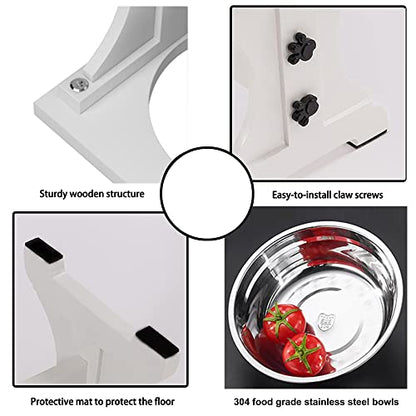 Farmhouse Dog Bowls Stand, Elevated Dog Bowl with 2 Stainless Steel Wooden Bowls, 3.5Cups 8.6" H - 30 oz White - color: White, size: 3.5 Cups 8.6"H_30 oz Bowl