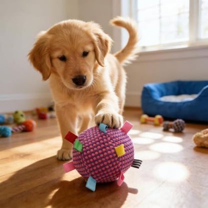 Plush Dog Ball Toy with Bell & Colorful Straps, 6.3 Inch Soft Interactive Fetch Toy, Lightweight Chew Toy for Small & Medium Dogs, Puppy Stuffed Play Ball (Purple) - color: Purple