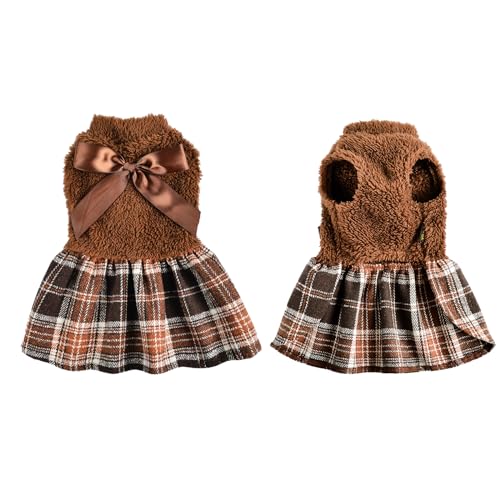 Dog Sweater Dress,Winter Dog Dress Dresses for Small Dogs Girl Flannel Warm Pet Puppy Cat Princess Plaid Sweater Fall Female Clothes (X-Small, Brown) - color: #1 Brown, size: X-Small (Chest 14.2 in)