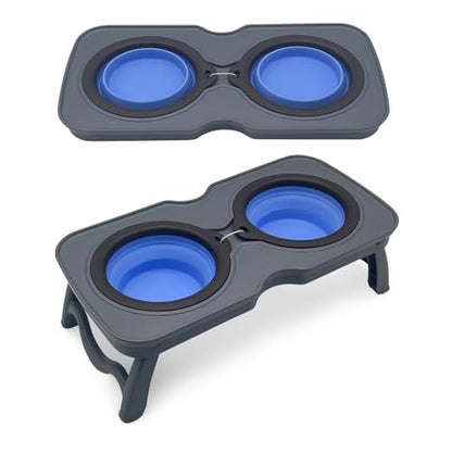 PINVNBY Elevated Portable Dog Bowl, Travel Raised Stand with Collapsible Silicone Double Diner Bowls Non-Slip Food and Water Bowls Holder for Small Dogs and Cats - 14.6" L x 7.5" W x 3.9" H