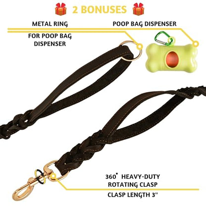 ADITYNA - Double Handle Leather Dog Leash 6ft - Heavy Duty Braided Dog Leash with Traffic Handle - Lead for Training and Walking Medium Large Breeds (Black, Two Handles 6 Foot x 3/4") - color: Black, size: Two Handles 6 foot x 3/4"