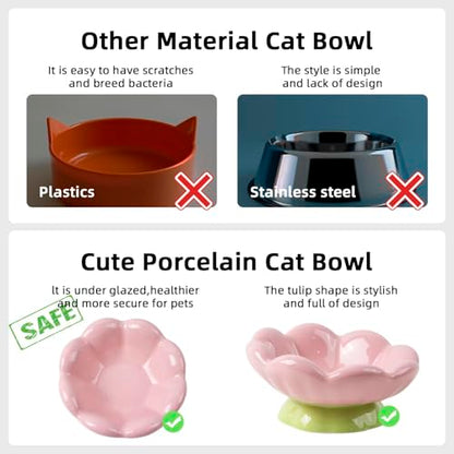 DIF DECO Ceramic Raised Cat Bowl, Pink Elevated Food Bowls for Food and Water Protecting Spine and Whisker Friendly,Tulip Shape Cute Pet Feeder Dish for Indoor Cats and Small Dogs(Height 3.3 inch) - size: Height 3.3 inch