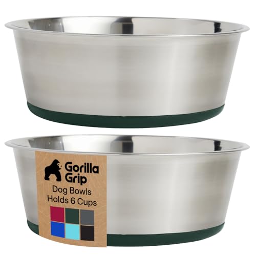 GORILLA GRIP Dog Bowls, Food Grade 304 Stainless Steel, Holds 6 Cups Each (48 fl oz) Food and Water Bowl for Feeding Dogs and Cats, Dishwasher Safe, Rust Resistant, BPA Free Rubber Base Set of 2 Green - color: Hunter Green, size: 6 Cup (48 Oz)