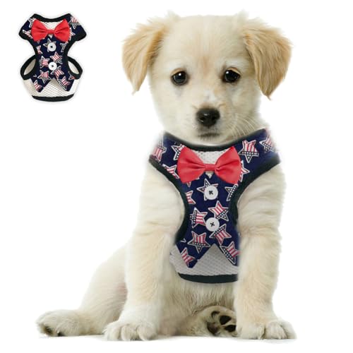 Bark Lover Small Puppy Harness with Bowtie, Adjustable Dog Vest Mesh Tuxedo Harness for Small Dog Kitten, Perfect for Party Wedding Holiday(L, US Flag) - color: US Flag, size: L