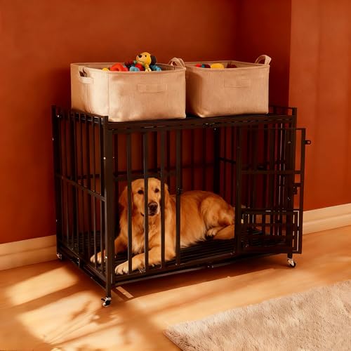 49/48/43/42Inch Heavy Duty Indestructible Dog Crate for Large Dogs,Escape-Proof Steel Kennel for Large Dogs,3Door Design with Lockable Wheels,Extra Large XXL Dog Cage with Removable Tray (43) - size: 43
