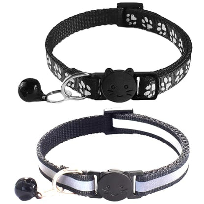 2 Pack Breakaway Cat Collars with Bells, Reflective Design and Claw Print Design, Safety Buckle Kitten Collars Adjustable from 7.5 to 12.5 Inches (Black) - color: Black