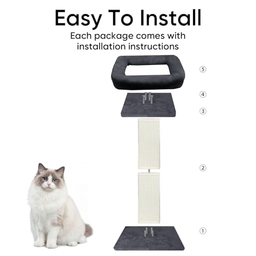 Cat Scratching Post, 32”Cat Scratcher with Large Plush Perch, Sisal & Carpet Scratching Post, Vertical Posts with Elevated Bed for Indoor Cats, Removable& Washable Cover, Dark Grey - color: Dark Grey with Bed