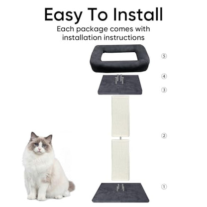 Cat Scratching Post, 32”Cat Scratcher with Large Plush Perch, Sisal & Carpet Scratching Post, Vertical Posts with Elevated Bed for Indoor Cats, Removable& Washable Cover, Dark Grey - color: Dark Grey with Bed