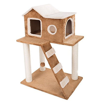 35in Cat Tree with Climb-Up Ladder, Cat Condo, 3 Sisal Rope Cat Scratching Posts, and Hanging Toy - Cat Tower for Indoor Cats by PETMAKER (Brown)