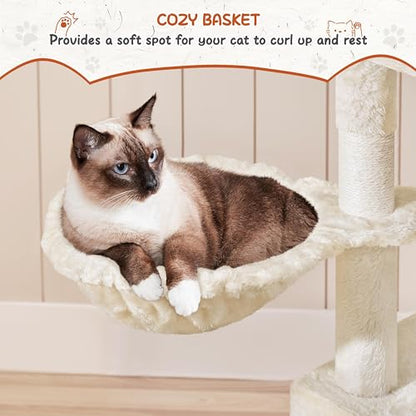 Yaheetech 76.5in Multi-Level Large Cat Tree, Big Cat Tower with 3 Condos, Cozy Plush Perches, 9 Sisal Scratching Posts and Ladder, Activity Center for Large Kitties, Beige - color: Beige