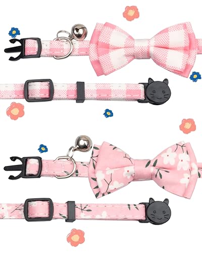 Cat Collar with Bow Tie Bell Breakaway Bowtie 2pcs Set Spring Plaid Flower Floral Solid Boy Girl Cute Kitten Safety A Pink Flower & Plaid - color: A [Flower & Plaid]-Pink
